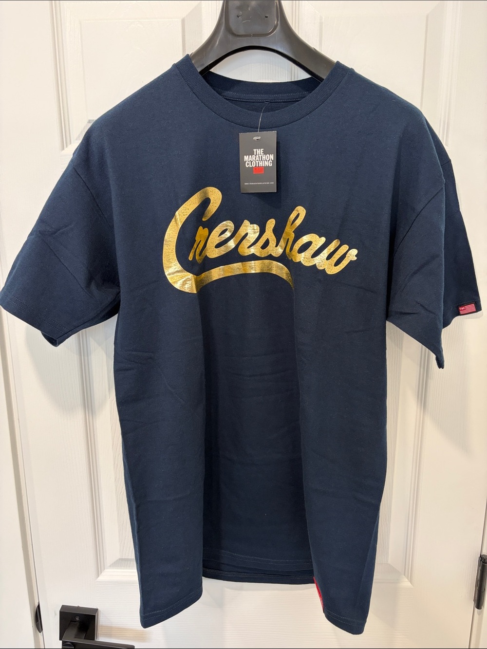 The Marathon Clothing Men’s Navy T-Shirt with Gold "Crenshaw" Script